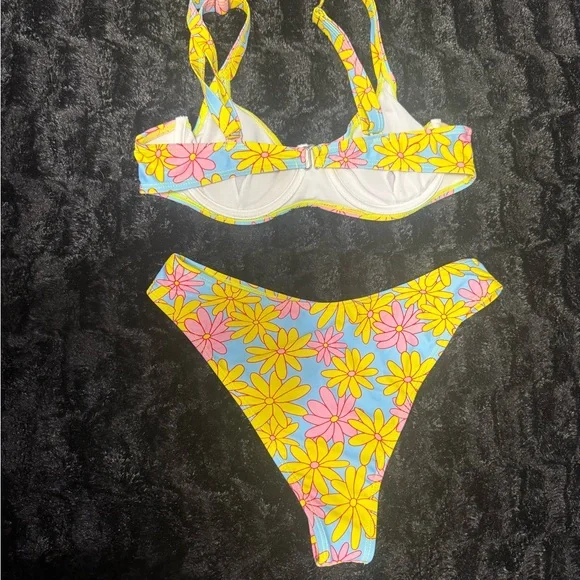 Floral Daisy Bikini One-Piece for Kids - Yellow & Pink Flowers on Blue - Picture 2 of 7